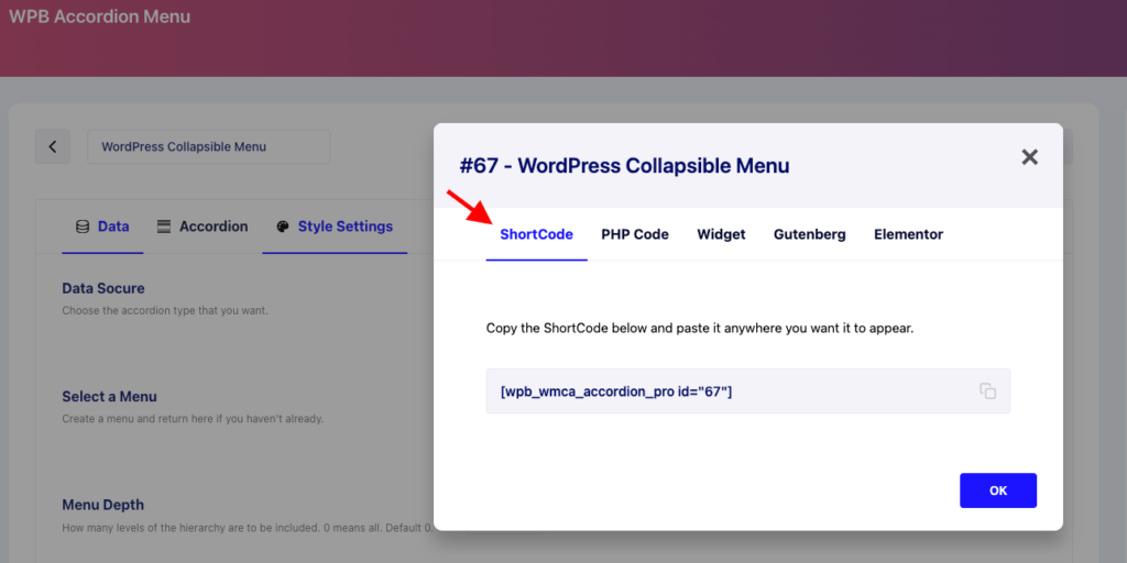 Copy the shortcode of the new WordPress collapsible menu