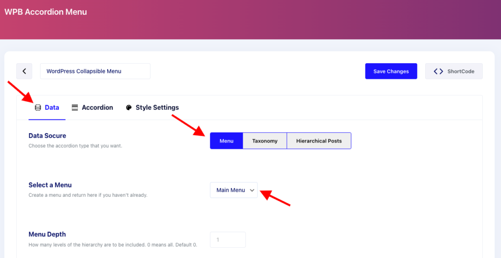 Data source of WordPress collapsible menu