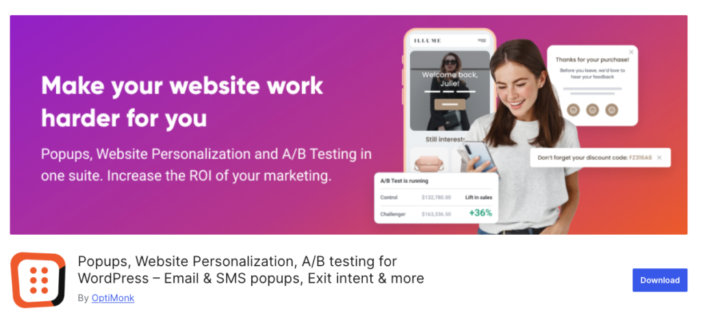 Optimonk - Popups, Website Personalization, A:B testing for WordPress – Email & SMS popups, Exit intent & more