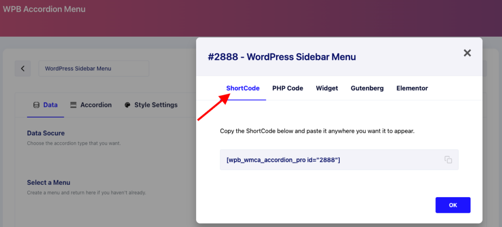 Copy the shortcode for WordPress sidebar menu from WPB Accordion Menu dashboard