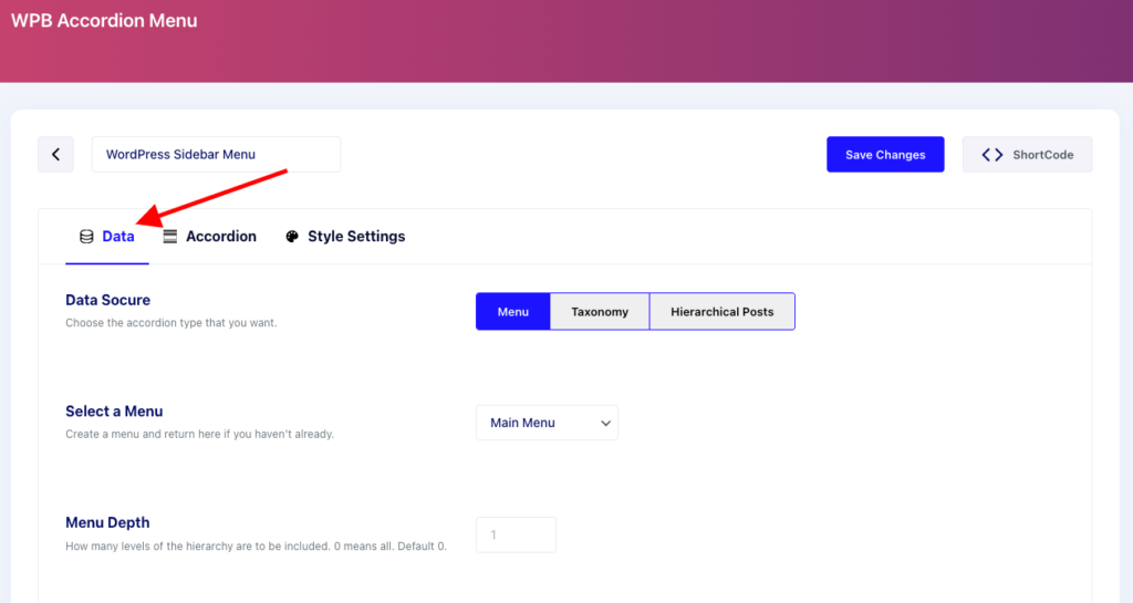 Data tab of WPB Accordion Menu