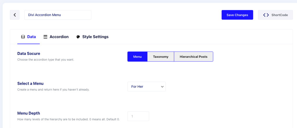 Data tab settings for the new Divi Accordion Menu