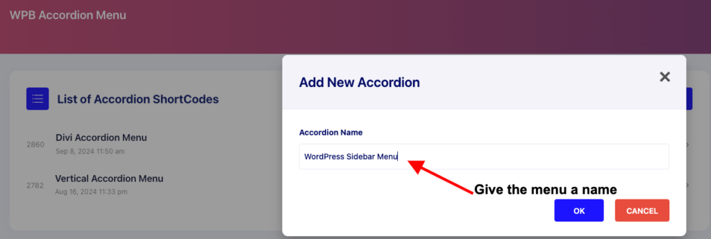 Give the new WordPress sidebar menu a name