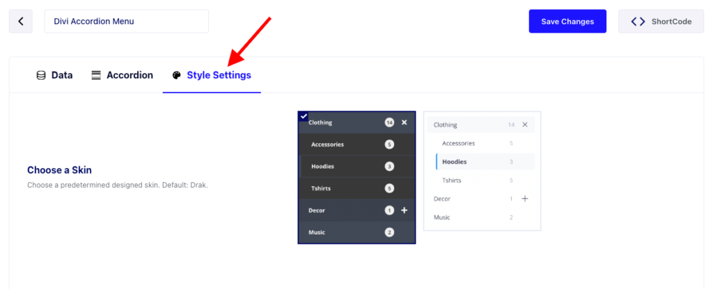 Select skin for the new Divi Accordion Menu