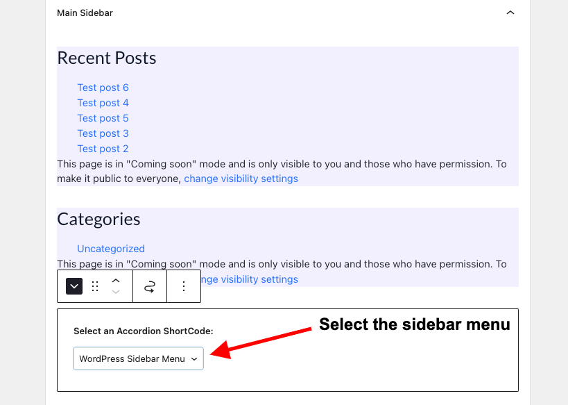 Select the WordPress sidebar menu from the WPB Accordion widget