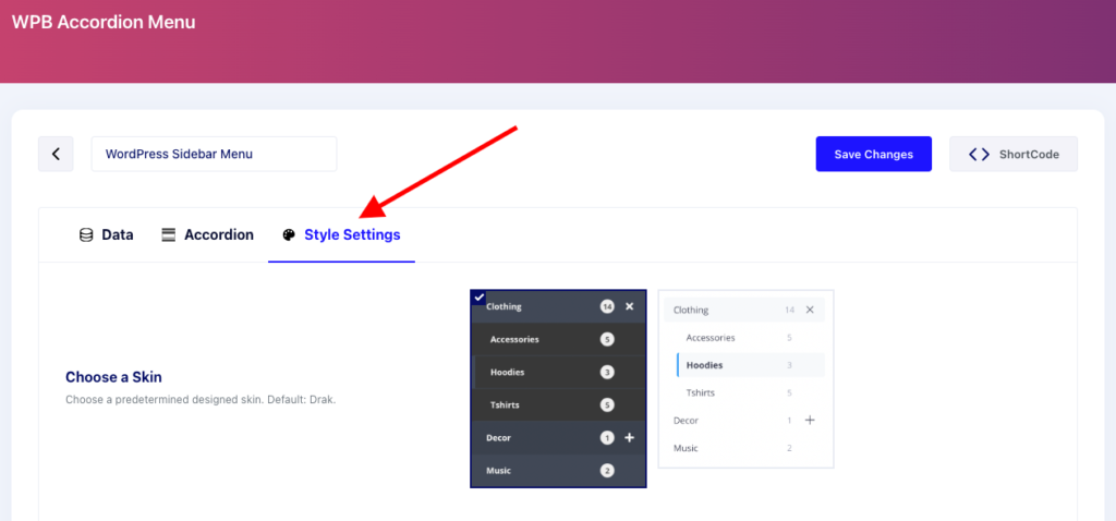 Style Settings tab of WPB Accordion Menu