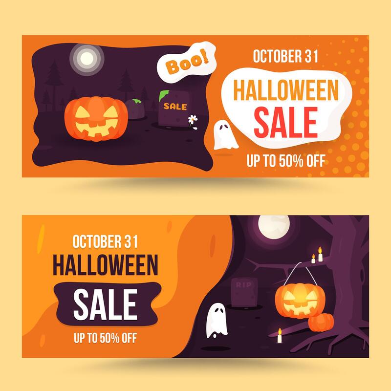 Halloween marketing ideas - hand drawn flat sale banners set