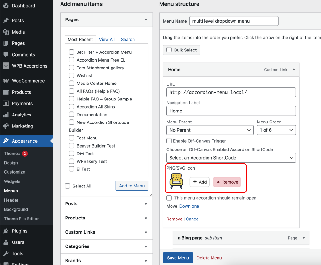 Upload PNG or SVG icon in Menu